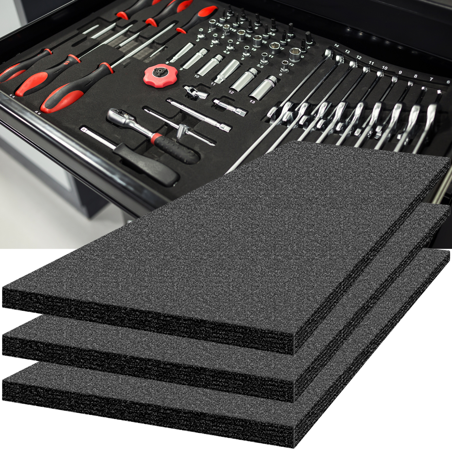 Tool Box Foam 3Pack 48x24x1 inch, Foam Inserts for Cases, Polyethylene Tool Foam Sheets, Drawer Liner Foam, Toolbox Kaizen Organizer and Storage Tool Shadow
