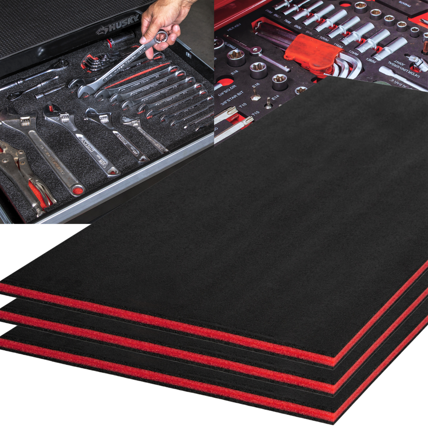 Tool Box Foam 3Pack 48x24x1 inch, Foam Inserts for Cases, Polyethylene Tool Foam Sheets, Drawer Liner Foam, Toolbox Kaizen Organizer and Storage Tool Shadow, Red with Black
