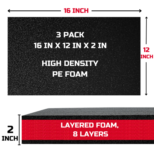 ONREVA Tool Box Foam Organizer 16x12x2 inch 3Pack, Kaizen Sheets for Pro Tool Control, Custom Tool Shadow Inserts for Cases & Drawers, High Density Polyethylene Foam, Black with Red