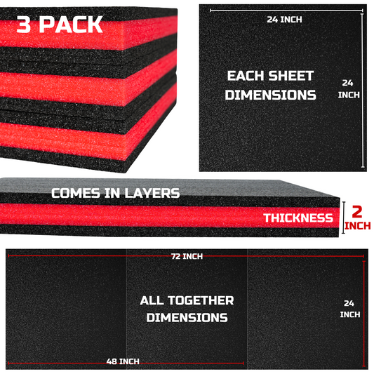 Tool Box Foam 3Pack 24x24x2 inch, Foam Inserts for Cases, Polyethylene Tool Foam Sheets, Drawer Foam Liner, Tool Box Organizers and Storage, Toolbox Shadow Organizer