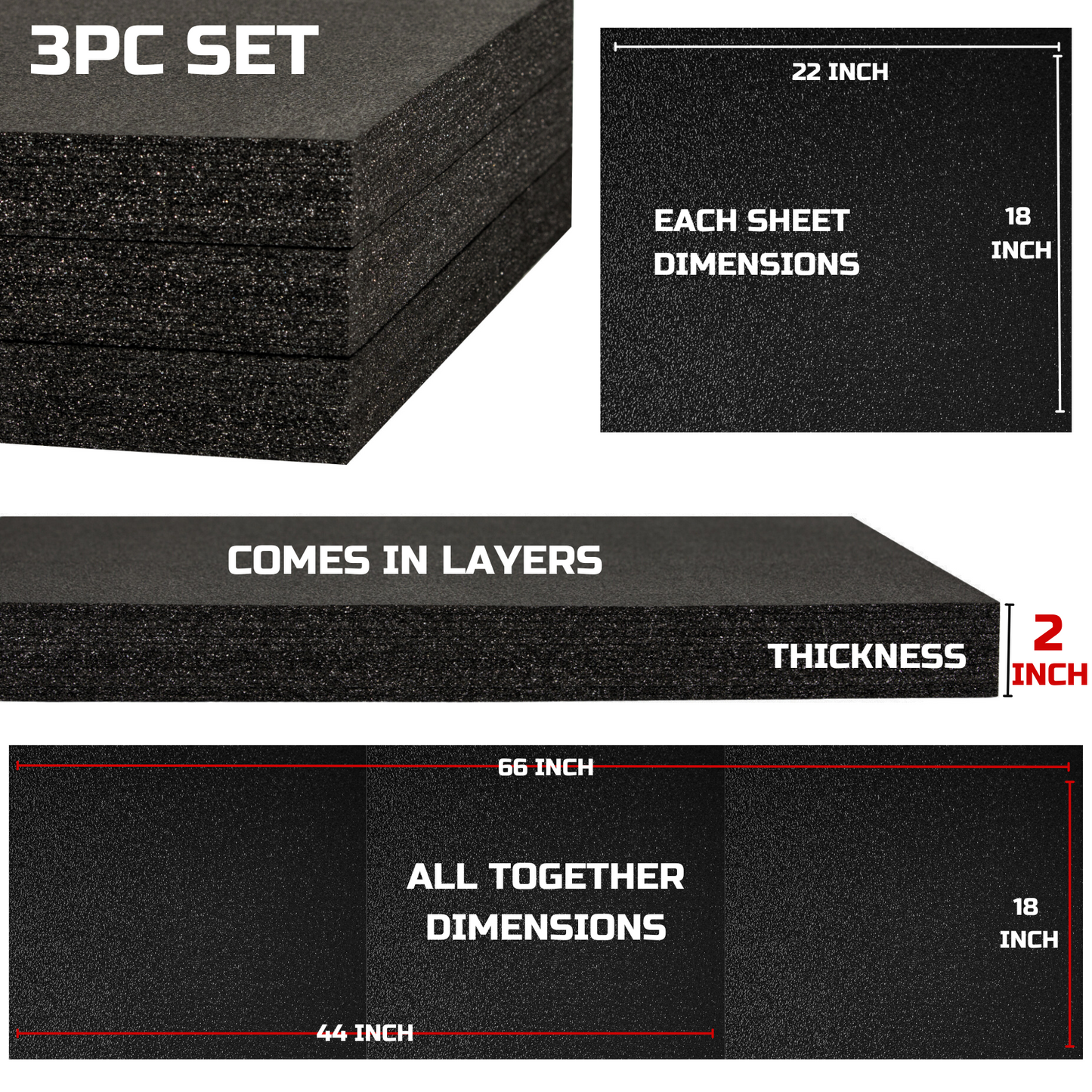 Tool Box Foam 3Pack 22x18x2 inch, Foam Inserts for Cases, Polyethylene Tool Foam Sheets, Drawer Foam Liner, Tool Box Organizers and Storage, Toolbox Shadow Organizer