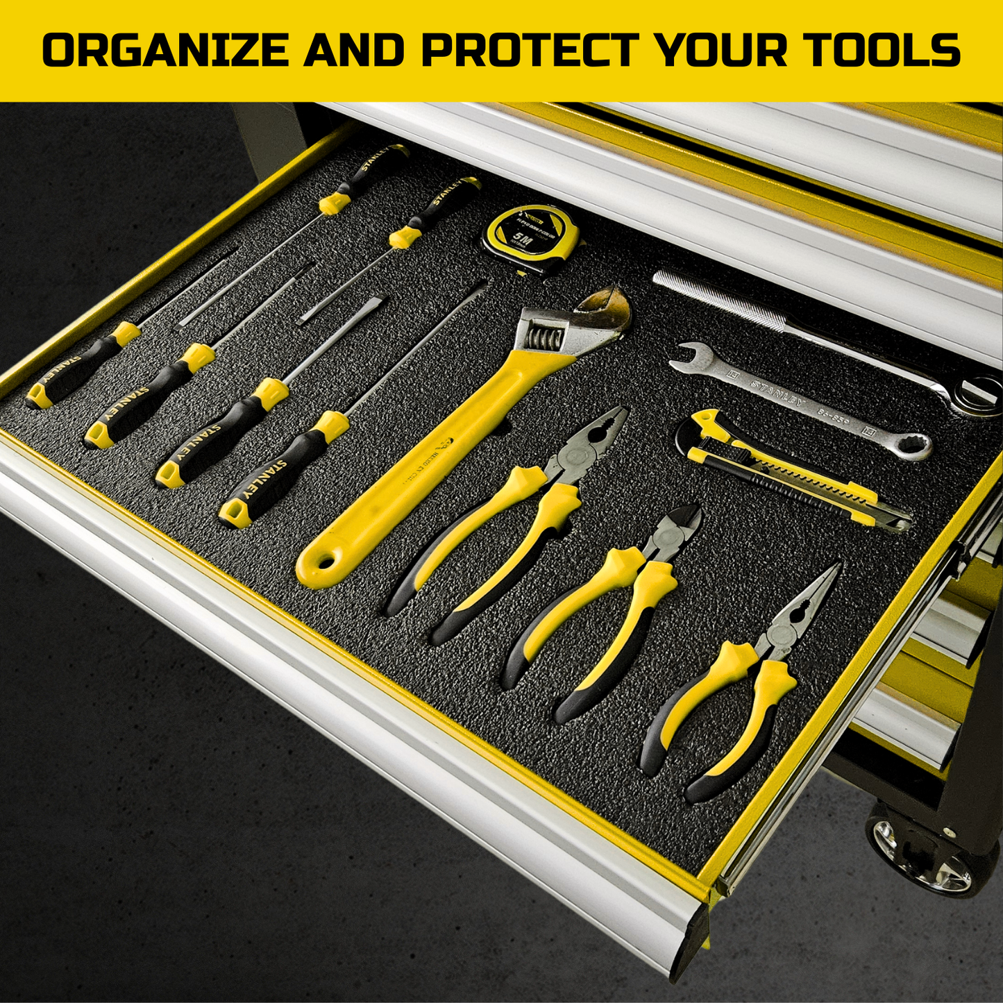 Tool Box Foam, 1PC 48x24x1 inch, Foam Inserts for Cases, Polyethylene Storage Sheets for Toolbox Hard Case, Tool Shadow Insert, Kaizen Organizer Sheet, Black with Yellow
