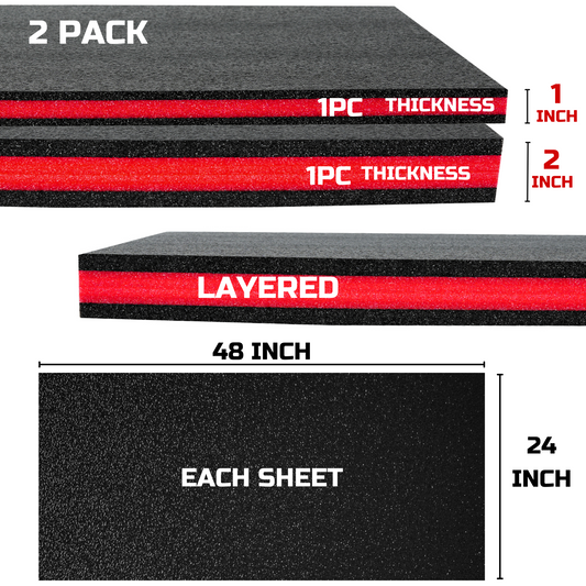 Tool Box Foam 2Pack 1pc 48x24x2in & 1pc 48x24x1in, Foam Inserts for Cases, Polyethylene Tool Foam Sheets, Drawer Shadow Liner, Toolbox Kaizen Organizer and Storage