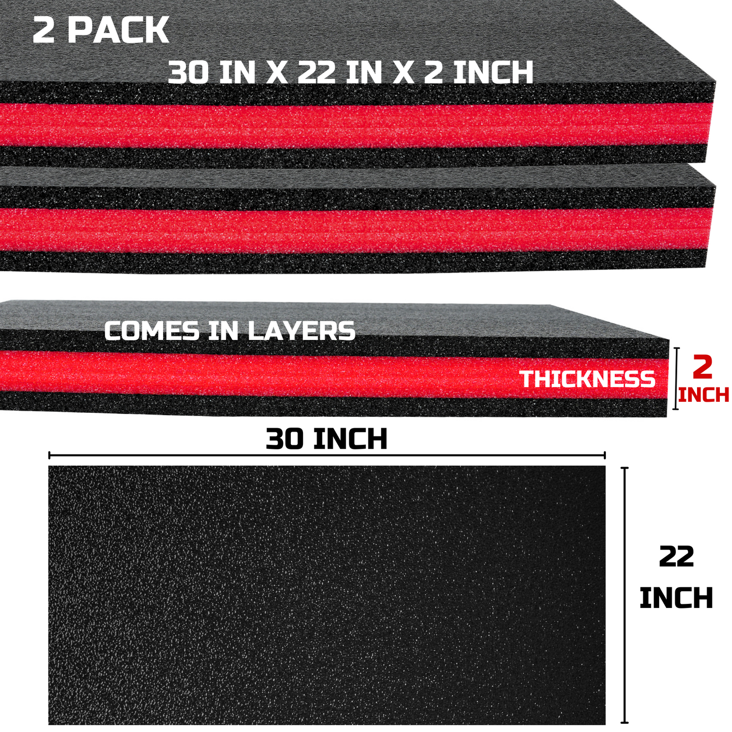Tool Box Foam 2Pack 30x22x2 inch, Foam Inserts for Cases, Polyethylene Tool Foam Sheets, Gun Case Foam, Toolbox Drawer Foam Liner, Tool Box Organizer and Storage, Red with Black