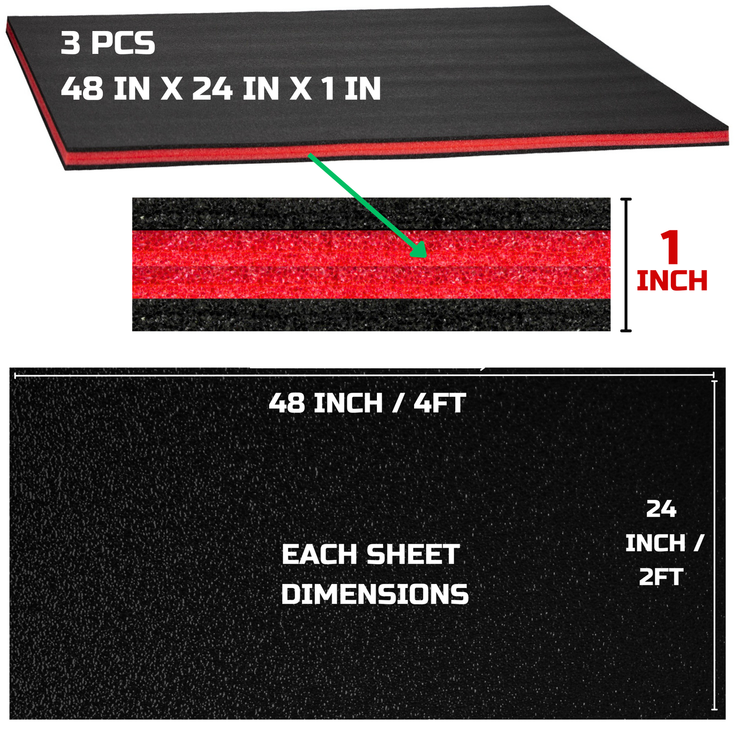 Tool Box Foam 3Pack 48x24x1 inch, Foam Inserts for Cases, Polyethylene Tool Foam Sheets, Drawer Liner Foam, Toolbox Kaizen Organizer and Storage Tool Shadow, Red with Black