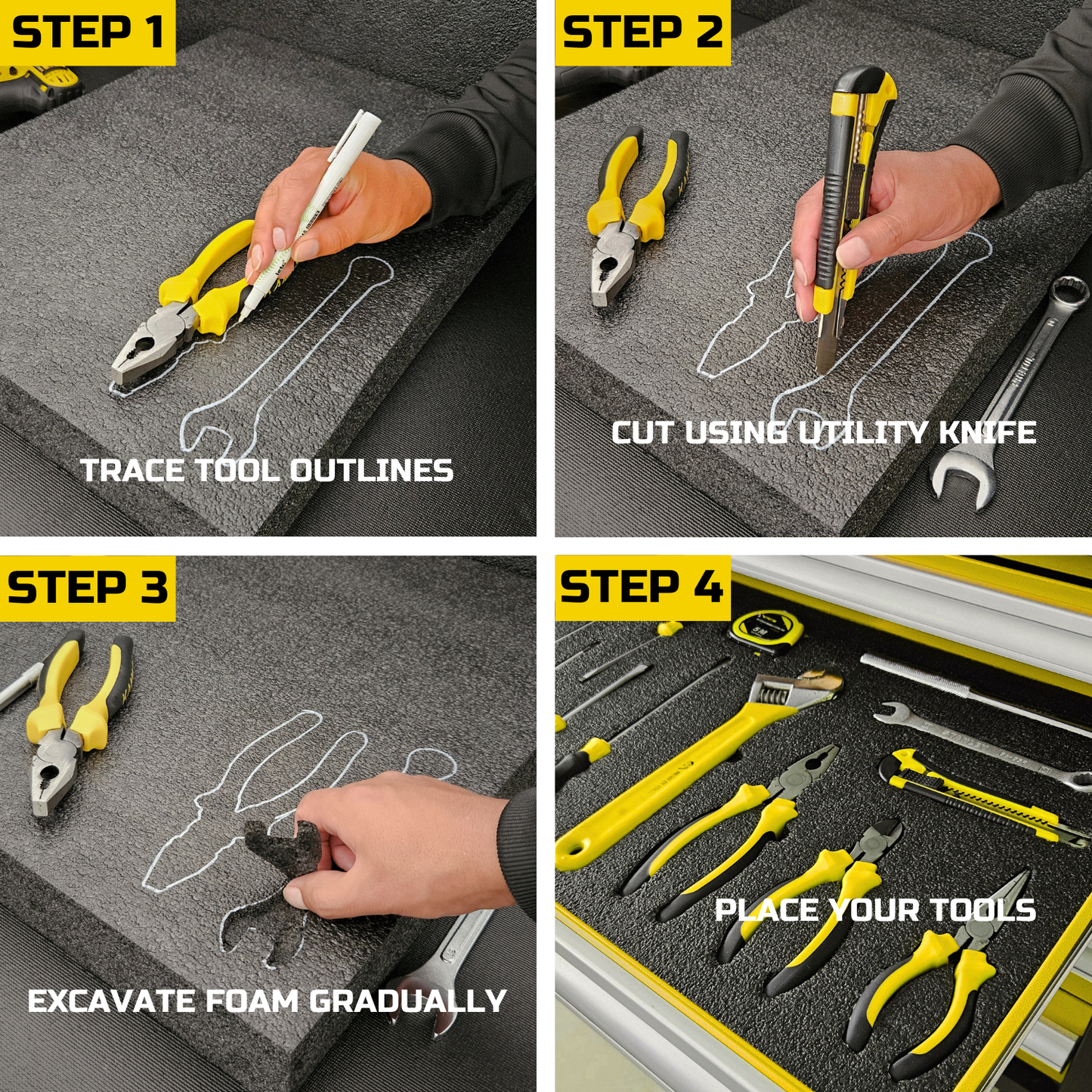 Tool Box Foam, 1PC 48x24x1 inch, Foam Inserts for Cases, Polyethylene Storage Sheets for Toolbox Hard Case, Tool Shadow Insert, Kaizen Organizer Sheet, Black with Yellow