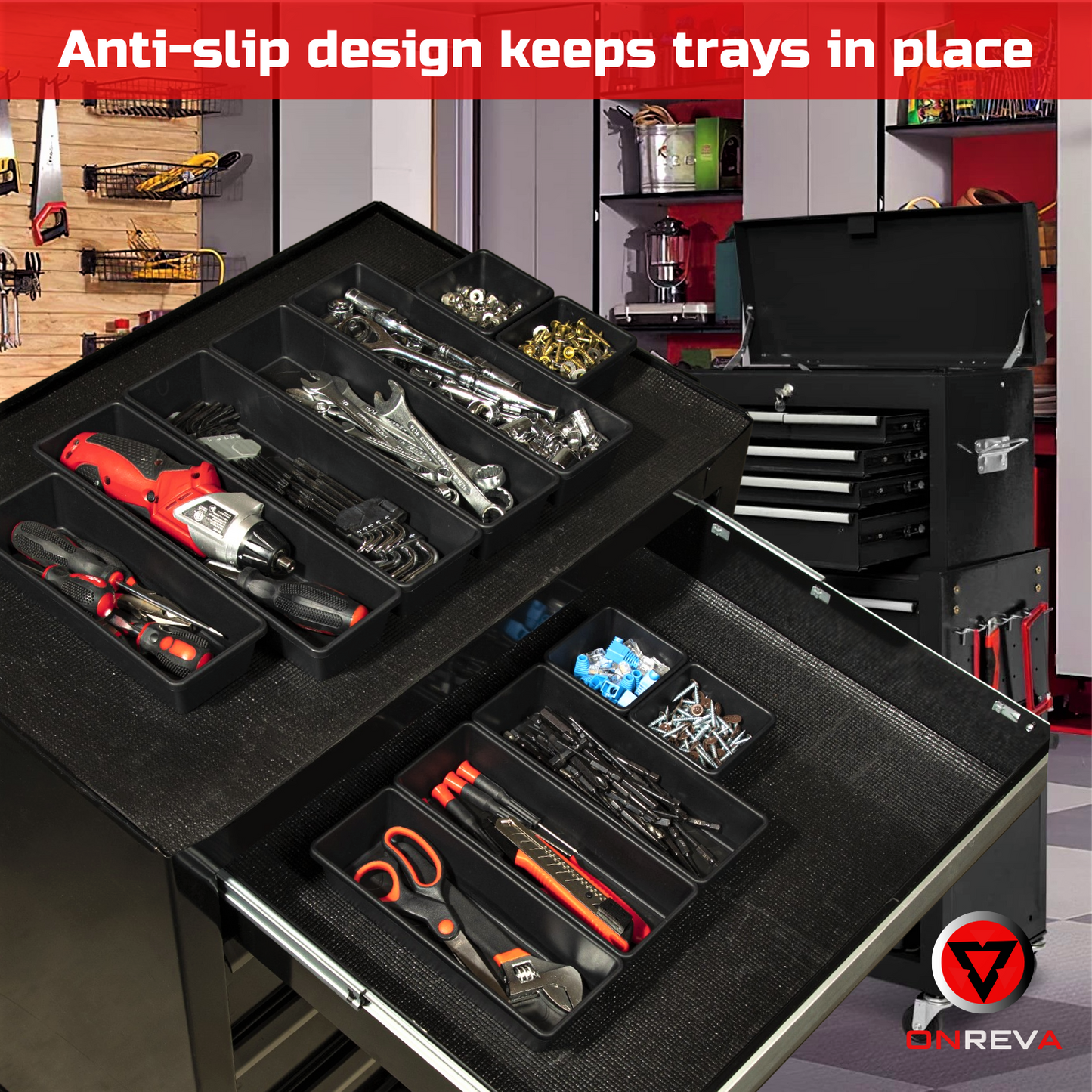 ONREVA 6 PCs Tool Box Organizer Tray Set, Toolbox Storage Non-slip Trays, Rolling Tool Chest Drawer Dividers, Tool Cabinet Bins, Hardware, Screws, Nuts, Screwdrivers, pliers, Small Tools Organization