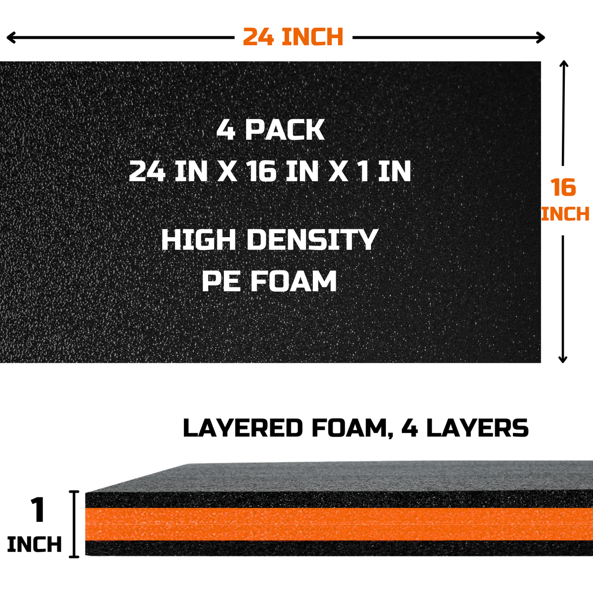 ONREVA Tool Box Foam Organizer 24x16x1 inch 4Pack, Kaizen Sheets for Pro Tool Control, Custom Tool Shadow Inserts for Cases & Drawers, High Density Polyethylene Foam, Black with Orange