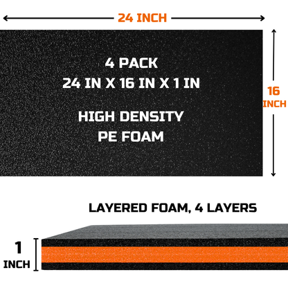 ONREVA Tool Box Foam Organizer 24x16x1 inch 4Pack, Kaizen Sheets for Pro Tool Control, Custom Tool Shadow Inserts for Cases & Drawers, High Density Polyethylene Foam, Black with Orange