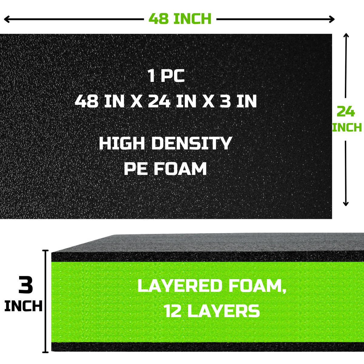 ONREVA Tool Box Foam Organizer 48x24x3 inch 1PC, Kaizen Sheets for Pro Tool Control, Custom Tool Shadow Inserts for Cases & Drawers, High Density Polyethylene Foam, Black with Green