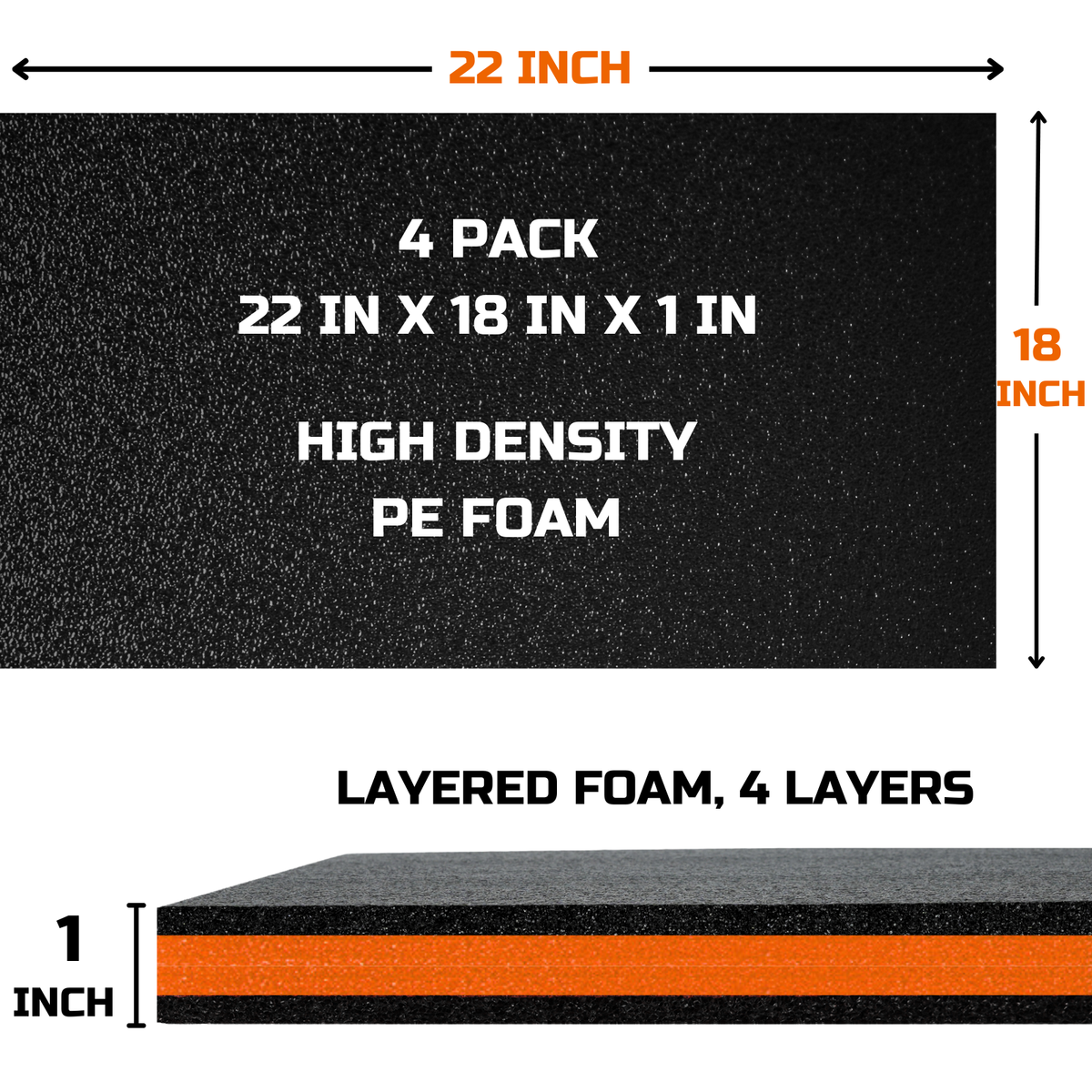 ONREVA Tool Box Foam Organizer 22x18x1 inch 4Pack, Kaizen Sheets for Pro Tool Control, Custom Tool Shadow Inserts for Cases & Drawers, High Density Polyethylene Foam, Black with Orange