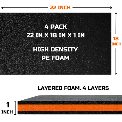ONREVA Tool Box Foam Organizer 22x18x1 inch 4Pack, Kaizen Sheets for Pro Tool Control, Custom Tool Shadow Inserts for Cases & Drawers, High Density Polyethylene Foam, Black with Orange