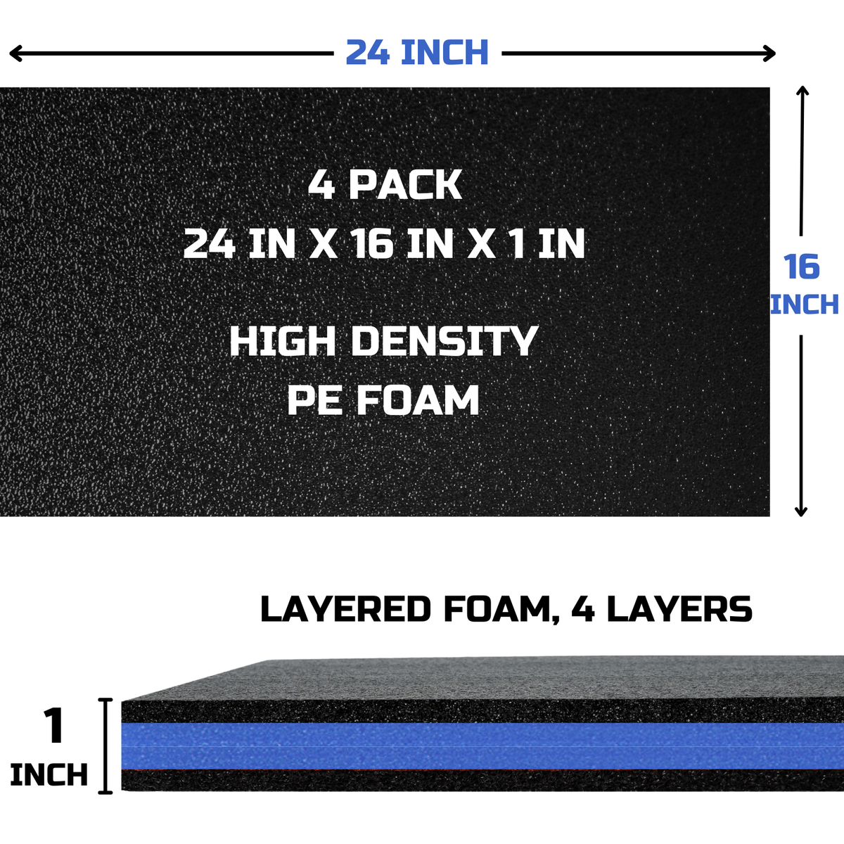 ONREVA Tool Box Foam Organizer 24x16x1 inch 4Pack, Kaizen Sheets for Pro Tool Control, Custom Tool Shadow Inserts for Cases & Drawers, High Density Polyethylene Foam, Black with Blue