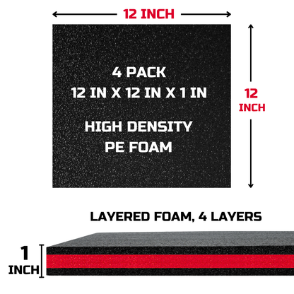 ONREVA Tool Box Foam Organizer 12x12x1 inch 4Pack, Kaizen Sheets for Pro Tool Control, Custom Tool Shadow Inserts for Cases & Drawers, High Density Polyethylene Foam, Black with Red