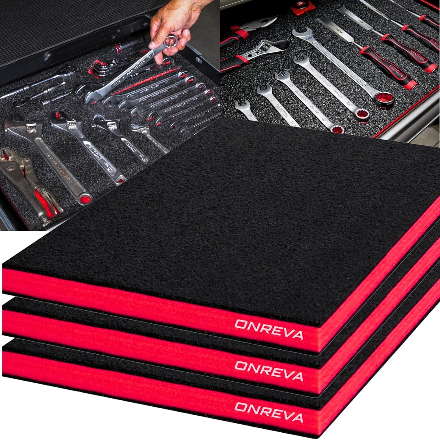ONREVA Tool Box Foam 16x12x1 inch 3Pack, Foam Inserts for Cases, Polyethylene Storage Sheets for Toolbox Hard Case, Tool Shadow Insert, Kaizen Organizer Sheet, Black with Red