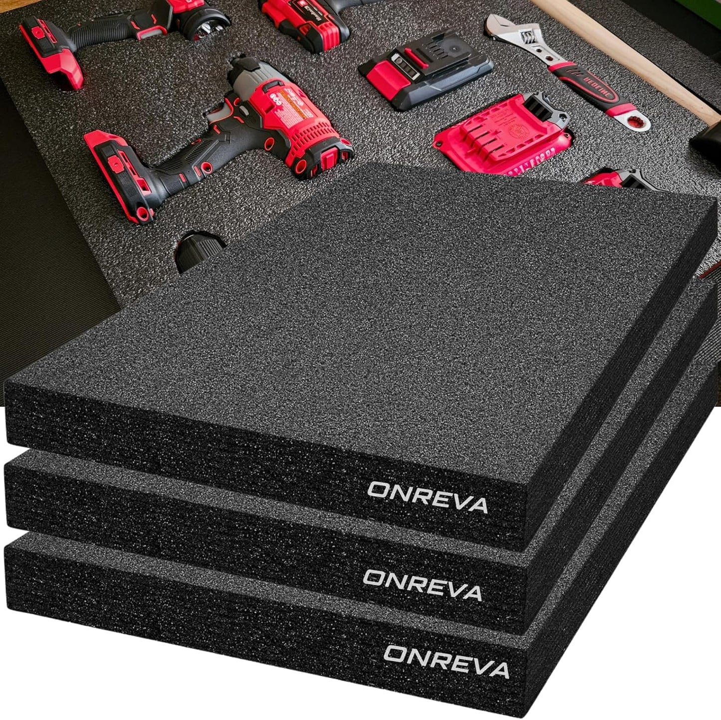 ONREVA Tool Box Foam 16x12x2 inch 3Pack, Foam Inserts for Cases, Polyethylene Storage Sheets for Toolbox Hard Case, Tool Shadow Insert, Kaizen Organizer Sheet, Black