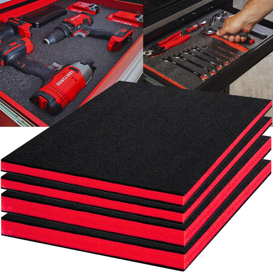 ONREVA Tool Box Foam 4Pack 2pc 16x12x2in & 2pc 16x12x1in, Foam Inserts for Cases, Polyethylene Storage Sheets for Toolbox Hard Case, Tool Shadow Insert, Kaizen Organizer Sheet, Black with Red