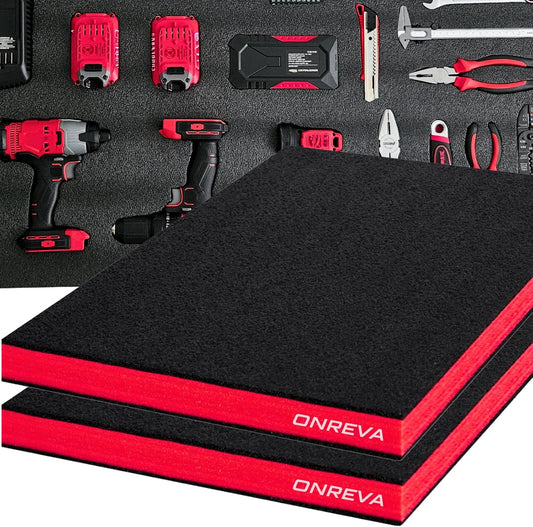 ONREVA Tool Box Foam 16x12x2 inch 2Pack, Foam Inserts for Cases, Polyethylene Storage Sheets for Toolbox Hard Case, Tool Shadow Insert, Kaizen Organizer Sheet, Black with Red