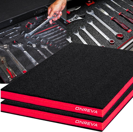 ONREVA Tool Box Foam 16x12x1 inch 2Pack, Foam Inserts for Cases, Polyethylene Storage Sheets for Toolbox Hard Case, Tool Shadow Insert, Kaizen Organizer Sheet, Black with Red