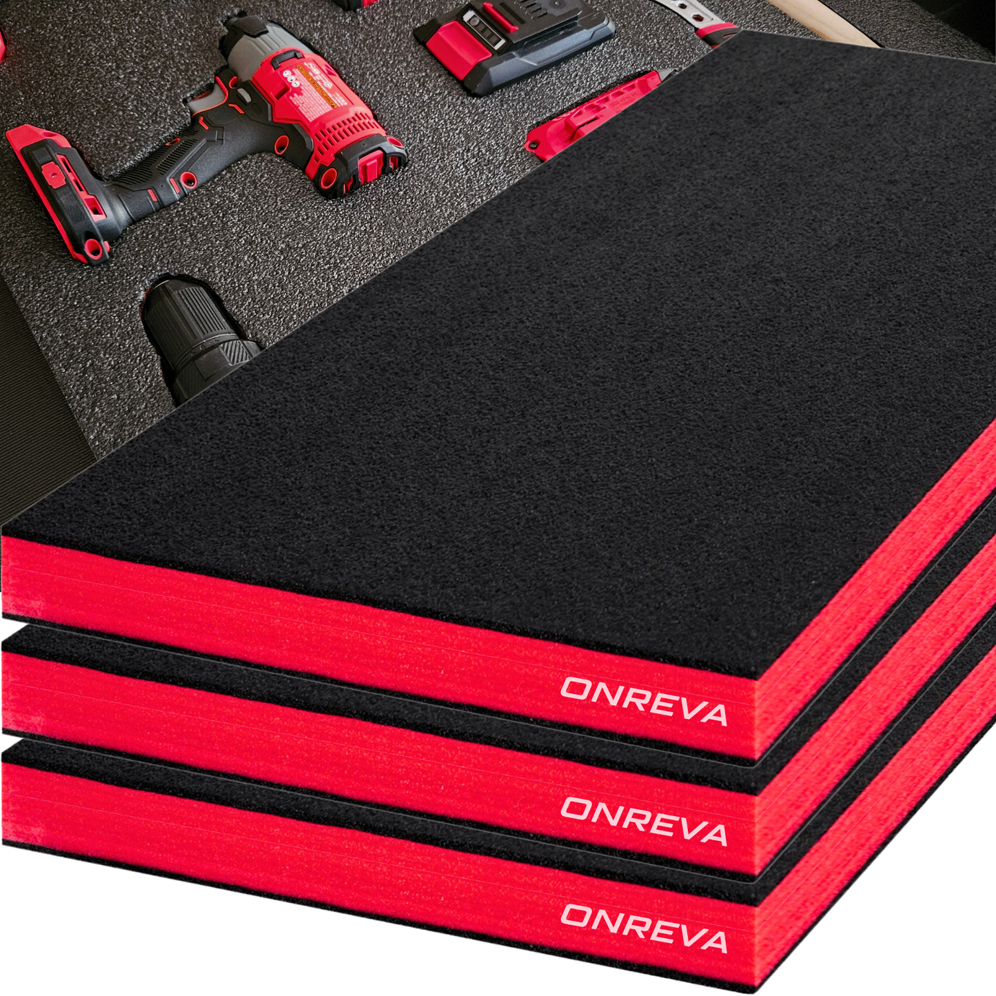 ONREVA Tool Box Foam 20x16x2 inch 3Pack, Foam Inserts for Cases, Polyethylene Storage Sheets for Toolbox Hard Case, Tool Shadow Insert, Kaizen Organizer Sheet, Black with Red