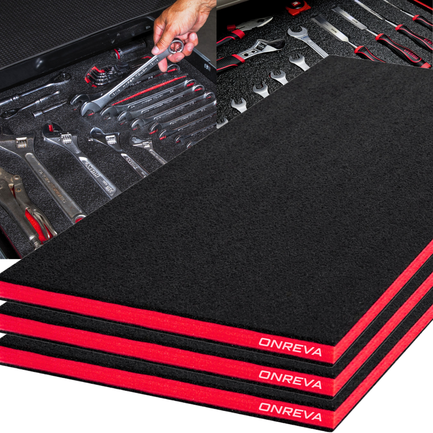 ONREVA Tool Box Foam 40x20x1 inch 3Pack, Foam Inserts for Cases, Polyethylene Storage Sheets for Toolbox Hard Case, Tool Shadow Insert, Kaizen Organizer Sheet, Red With Black