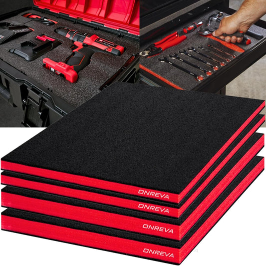 ONREVA Tool Box Foam 4Pack 2pc 18x12x2in & 2pc 18x12x1in, Foam Inserts for Cases, Polyethylene Storage Sheets for Toolbox Hard Case, Tool Shadow Insert, Kaizen Organizer Sheet, Black with Red