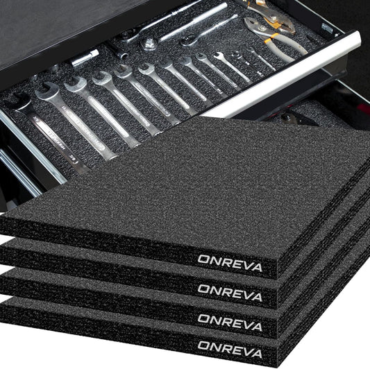ONREVA Tool Box Foam 16x12x1 inch 4Pack, Foam Inserts for Cases, Polyethylene Storage Sheets for Toolbox Hard Case, Tool Shadow Insert, Kaizen Organizer Sheet, Black