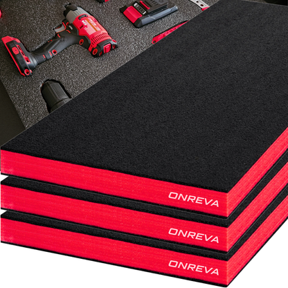 ONREVA Tool Box Foam 24x18x2 inch 3Pack, Foam Inserts for Cases, Polyethylene Storage Sheets for Toolbox Hard Case, Tool Shadow Insert, Kaizen Organizer Sheet, Black with Red