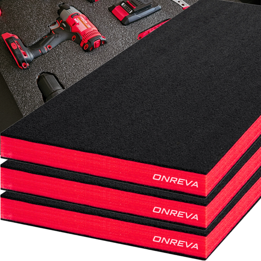 ONREVA Tool Box Foam 24x18x2 inch 3Pack, Foam Inserts for Cases, Polyethylene Storage Sheets for Toolbox Hard Case, Tool Shadow Insert, Kaizen Organizer Sheet, Black with Red
