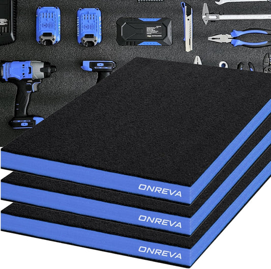 ONREVA Tool Box Foam 16x12x2 inch 3Pack, Foam Inserts for Cases, Polyethylene Storage Sheets for Toolbox Hard Case, Tool Shadow Insert, Kaizen Organizer Sheet, Black with Blue