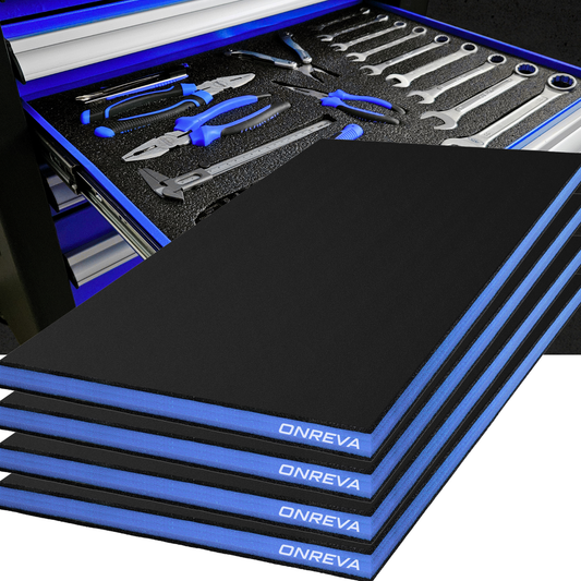 ONREVA Tool Box Foam 16x12x1 inch 4Pack, Foam Inserts for Cases, Polyethylene Storage Sheets for Toolbox Hard Case, Tool Shadow Insert, Kaizen Organizer Sheet, Black with Blue