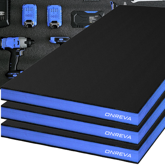 ONREVA Tool Box Foam 22x18x2 inch 3Pack, Foam Inserts for Cases, Polyethylene Storage Sheets for Toolbox Hard Case, Tool Shadow Insert, Kaizen Organizer Sheet, Black with Blue