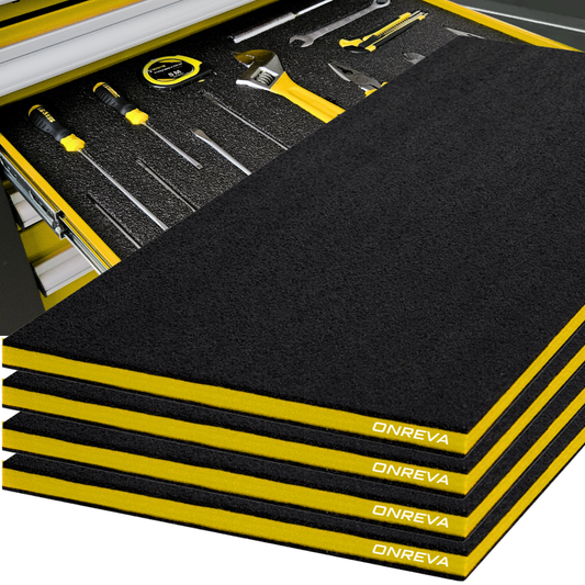 ONREVA Tool Box Foam 22x18x1 inch 4Pack, Foam Inserts for Cases, Polyethylene Storage Sheets for Toolbox Hard Case, Tool Shadow Insert, Kaizen Organizer Sheet, Black with Yellow