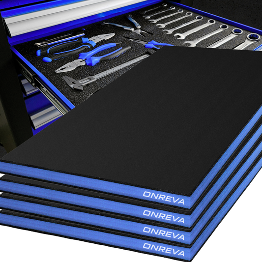 ONREVA Tool Box Foam 22x18x1 inch 4Pack, Foam Inserts for Cases, Polyethylene Storage Sheets for Toolbox Hard Case, Tool Shadow Insert, Kaizen Organizer Sheet, Black with Blue