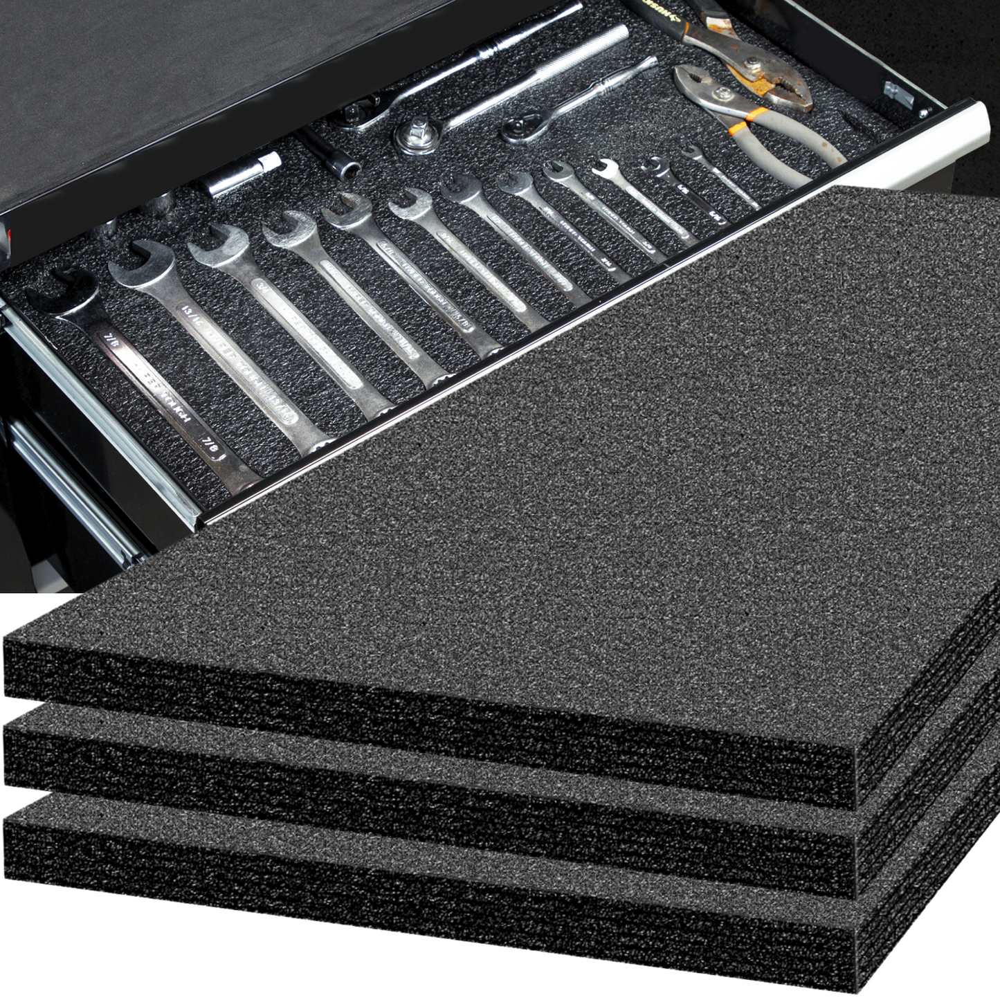 ONREVA Tool Box Foam 48x24x1 inch 3Pack, Foam Inserts for Cases, Polyethylene Storage Sheets for Toolbox Hard Case, Tool Shadow Insert, Kaizen Organizer Sheet, Black