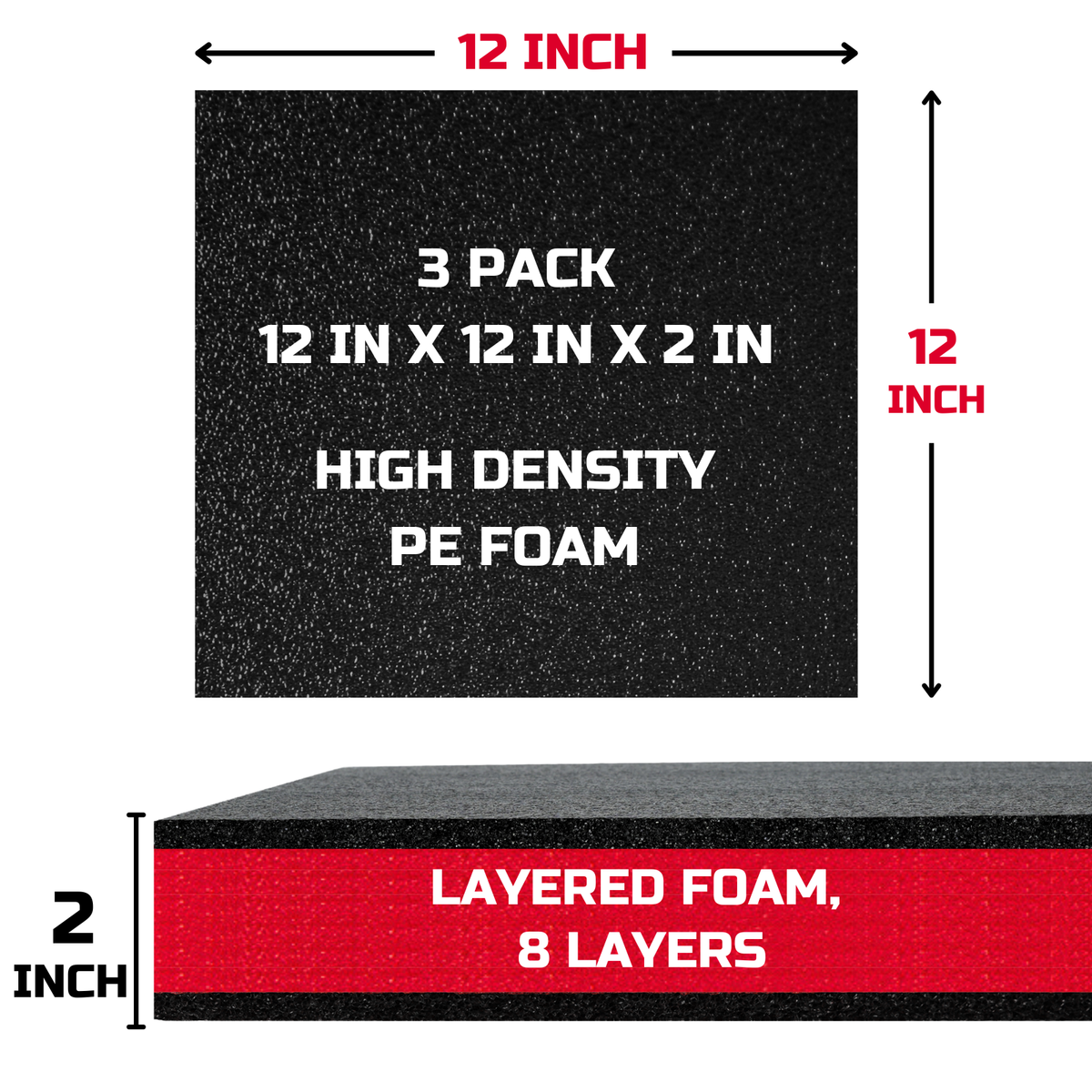ONREVA Tool Box Foam Organizer 12x12x2 inch 3Pack, Kaizen Sheets for Pro Tool Control, Custom Tool Shadow Inserts for Cases & Drawers, High Density Polyethylene Foam, Black with Red