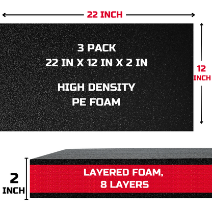 ONREVA Tool Box Foam Organizer 22x12x2 inch 3Pack, Kaizen Sheets for Pro Tool Control, Custom Tool Shadow Inserts for Cases & Drawers, High Density Polyethylene Foam, Black with Red