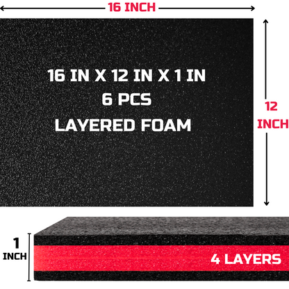 ONREVA Tool Box Foam 16x12x1 inch 6Pack, Foam Inserts for Cases, Polyethylene Storage Sheets for Toolbox Hard Case, Tool Shadow Insert, Kaizen Organizer Sheet, Black with Red