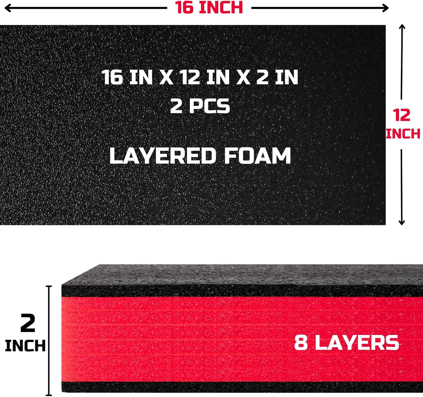 ONREVA Tool Box Foam 16x12x2 inch 2Pack, Foam Inserts for Cases, Polyethylene Storage Sheets for Toolbox Hard Case, Tool Shadow Insert, Kaizen Organizer Sheet, Black with Red