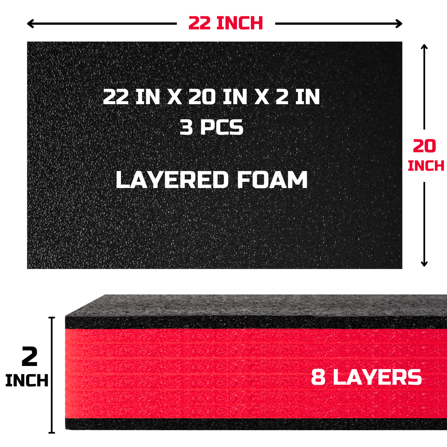 ONREVA Tool Box Foam 22x20x2 inch 3Pack, Foam Inserts for Cases, Polyethylene Storage Sheets for Toolbox Hard Case, Tool Shadow Insert, Kaizen Organizer Sheet, Black with Red