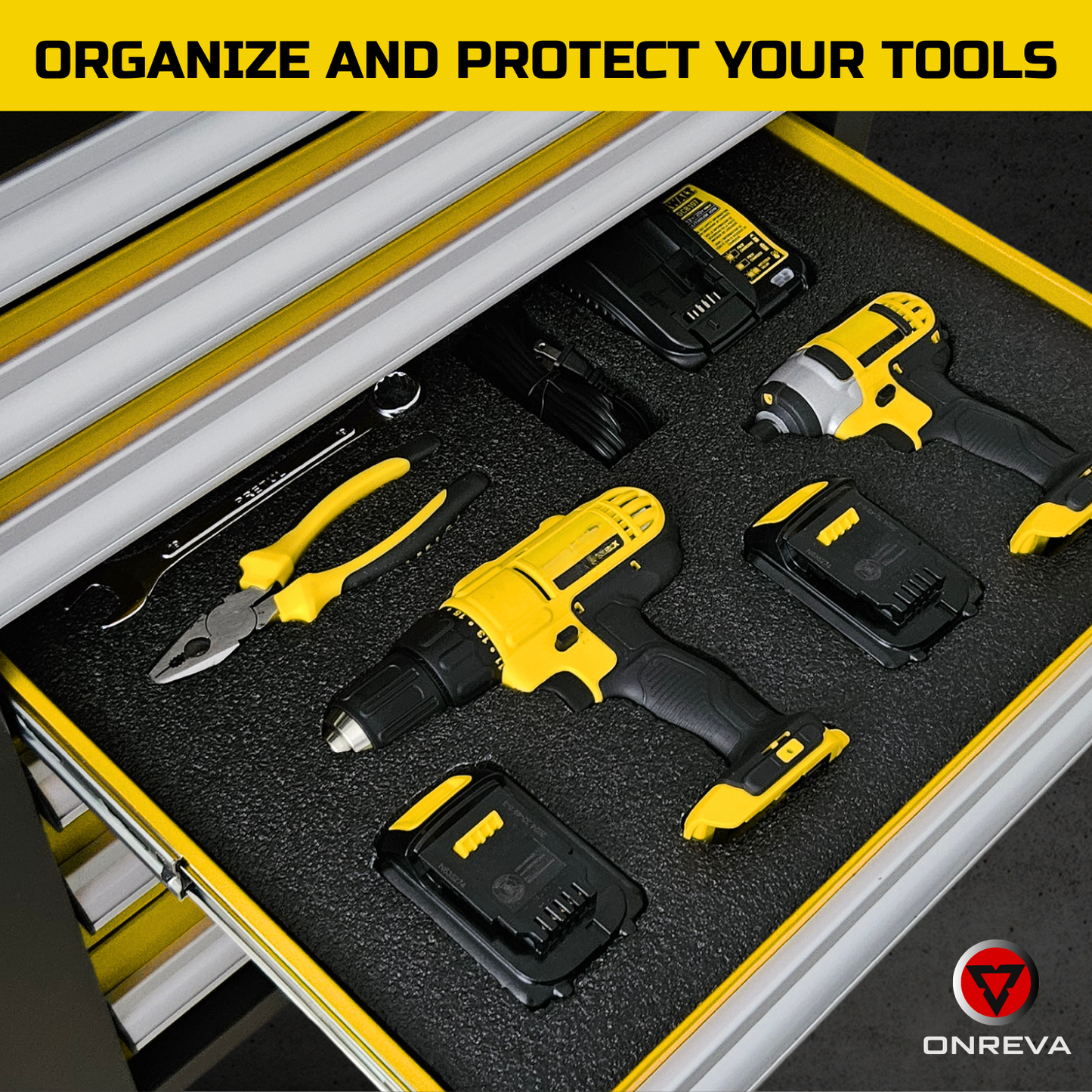 ONREVA Tool Box Foam 22x18x2 inch 3Pack, Foam Inserts for Cases, Polyethylene Storage Sheets for Toolbox Hard Case, Tool Shadow Insert, Kaizen Organizer Sheet, Black with Yellow
