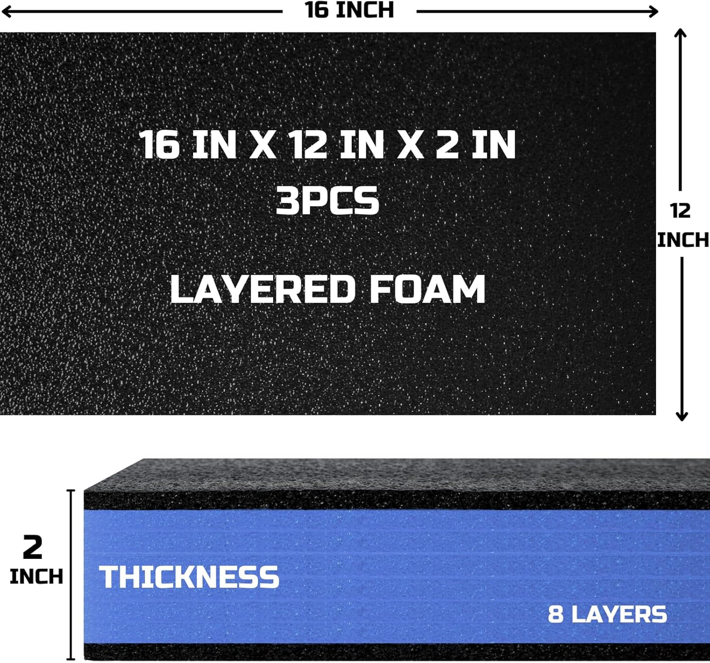 ONREVA Tool Box Foam 16x12x2 inch 3Pack, Foam Inserts for Cases, Polyethylene Storage Sheets for Toolbox Hard Case, Tool Shadow Insert, Kaizen Organizer Sheet, Black with Blue