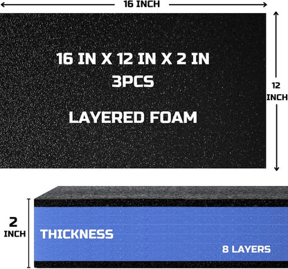 ONREVA Tool Box Foam 16x12x2 inch 3Pack, Foam Inserts for Cases, Polyethylene Storage Sheets for Toolbox Hard Case, Tool Shadow Insert, Kaizen Organizer Sheet, Black with Blue