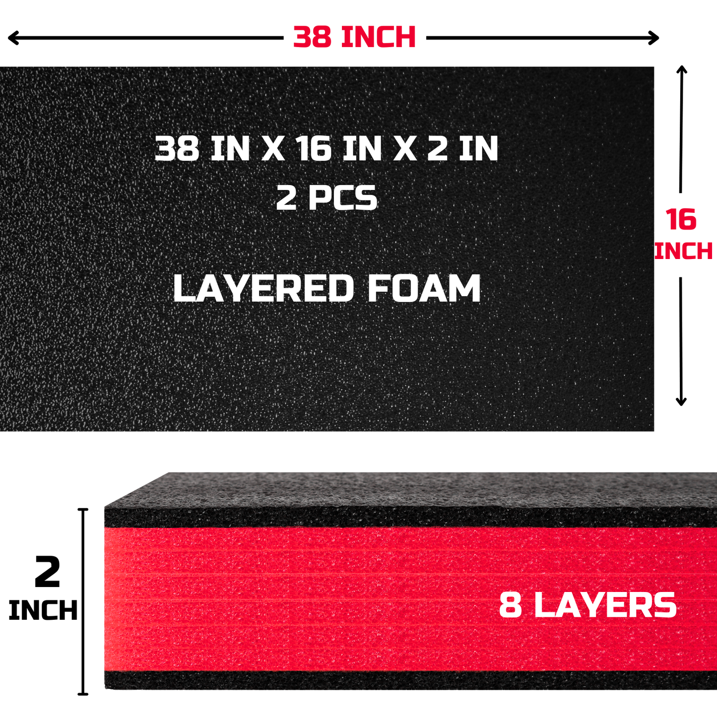 ONREVA Tool Box Foam 38x16x2 inch 2Pack, Foam Inserts for Cases, Polyethylene Storage Sheets for Toolbox Hard Case, Tool Shadow Insert, Kaizen Organizer Sheet, Black with Red