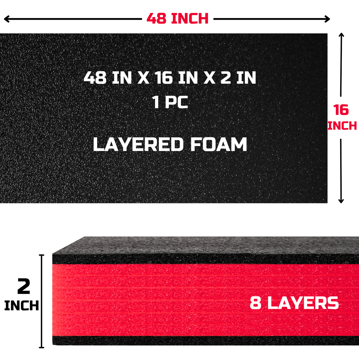 ONREVA Tool Box Foam 48x16x2 inch 1PC, Foam Inserts for Cases, Polyethylene Storage Sheets for Toolbox Hard Case, Tool Shadow Insert, Kaizen Organizer Sheet, Black with Red