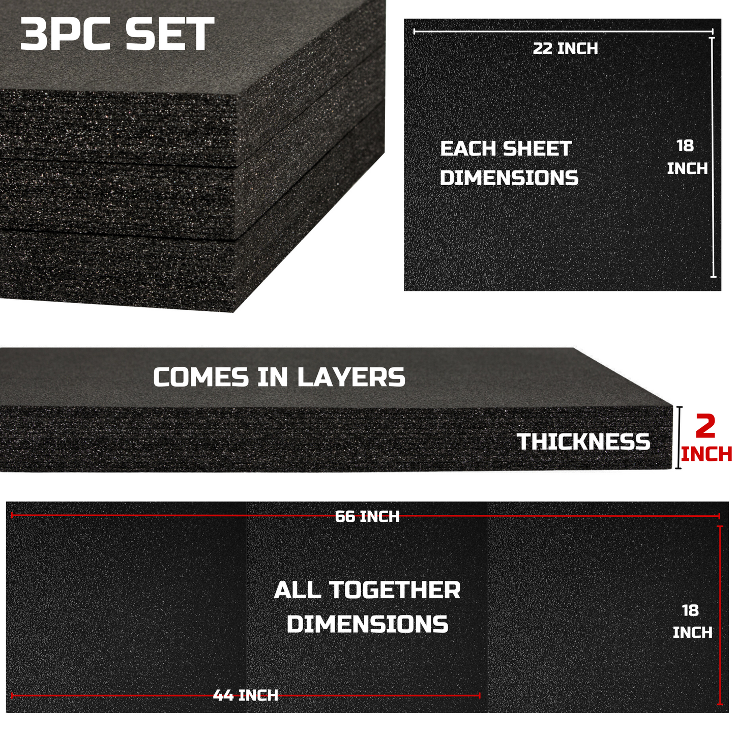 Kaizen Foam | Tool Box Foam, 3 Pack 22x18x2 inches, Toolbox Shadow Foam Organizers, Tool Foam Inserts Sheets, Black