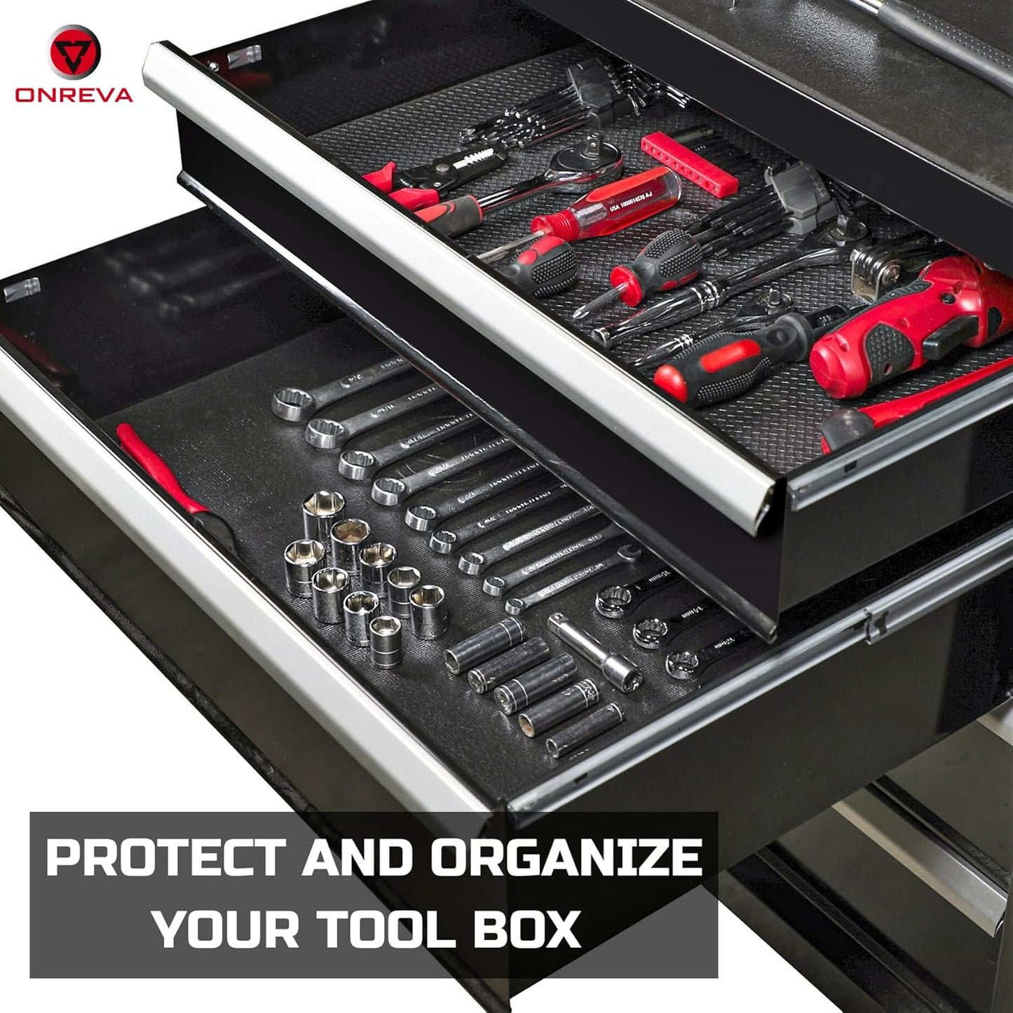 ONREVA Tool Box Liner 20 inch wide x 19 ft Large, Thick Heavy Duty Toolbox Drawer Liners, Rolling Tool Chest Foam Mat, Shelf Rubber Mat, Black Non-slip Organizer Pad for Cabinet, Workbench