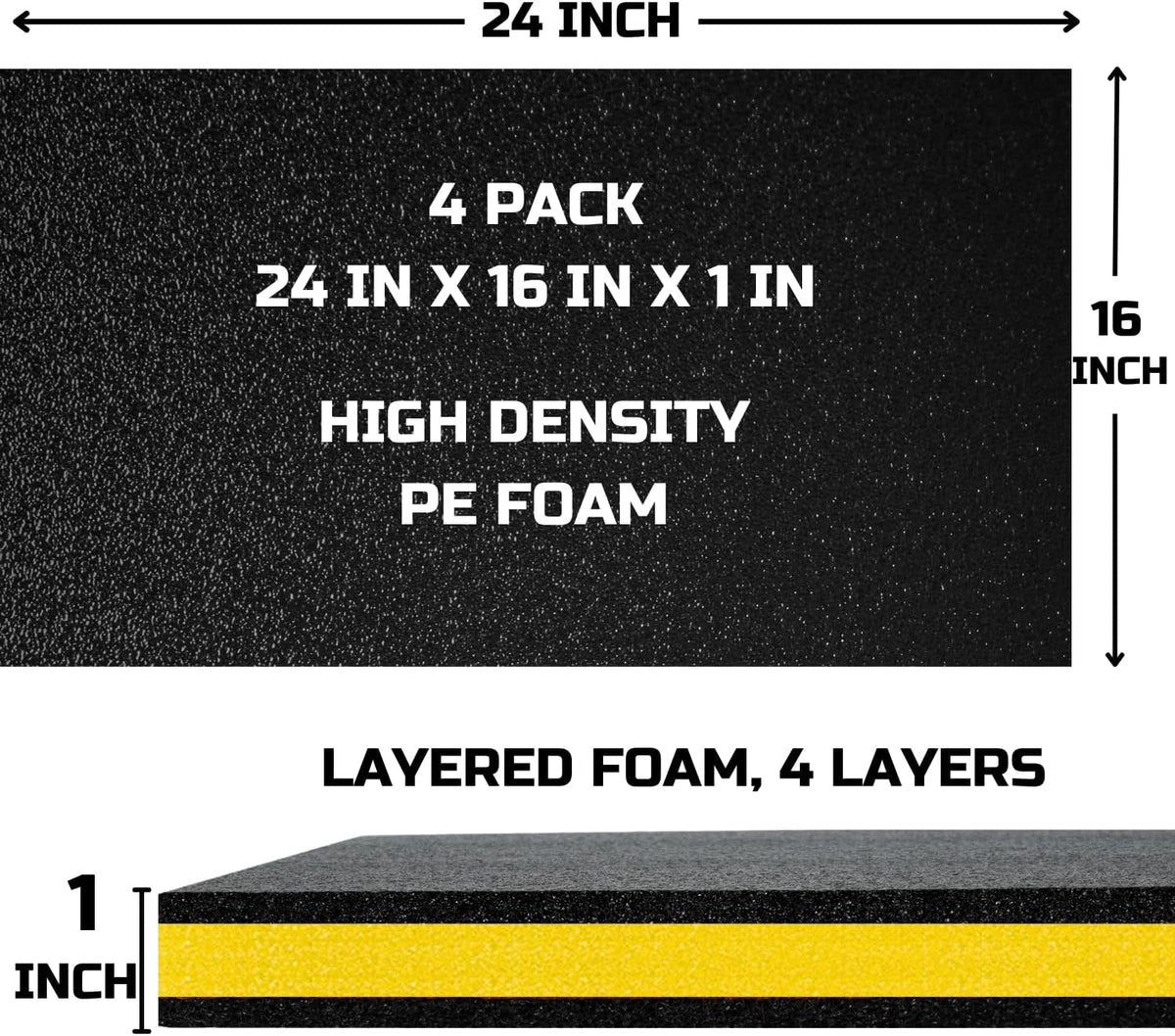 Tool Box Foam Organizer 24x16x1 inch 4 Pack, Kaizen Sheets for Pro Tool Control, Custom Tool Shadow Inserts for Cases & Drawers, High Density Polyethylene Foam, Black with Yellow