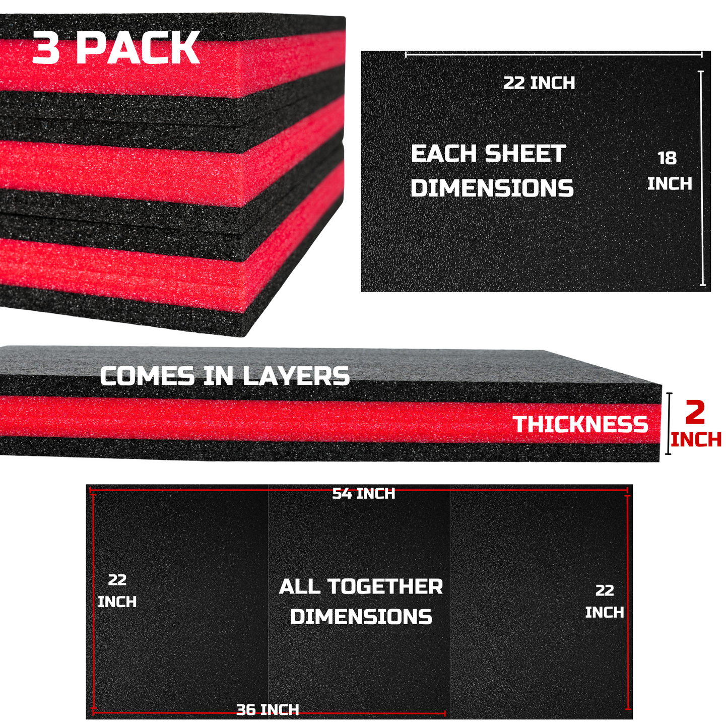Tool Box Foam 3Pack 22x18x2 inch, Foam Inserts for Cases, Polyethylene Tool Foam Sheets, Drawer Liner Foam, Toolbox Kaizen Organizer and Storage Tool Shadow