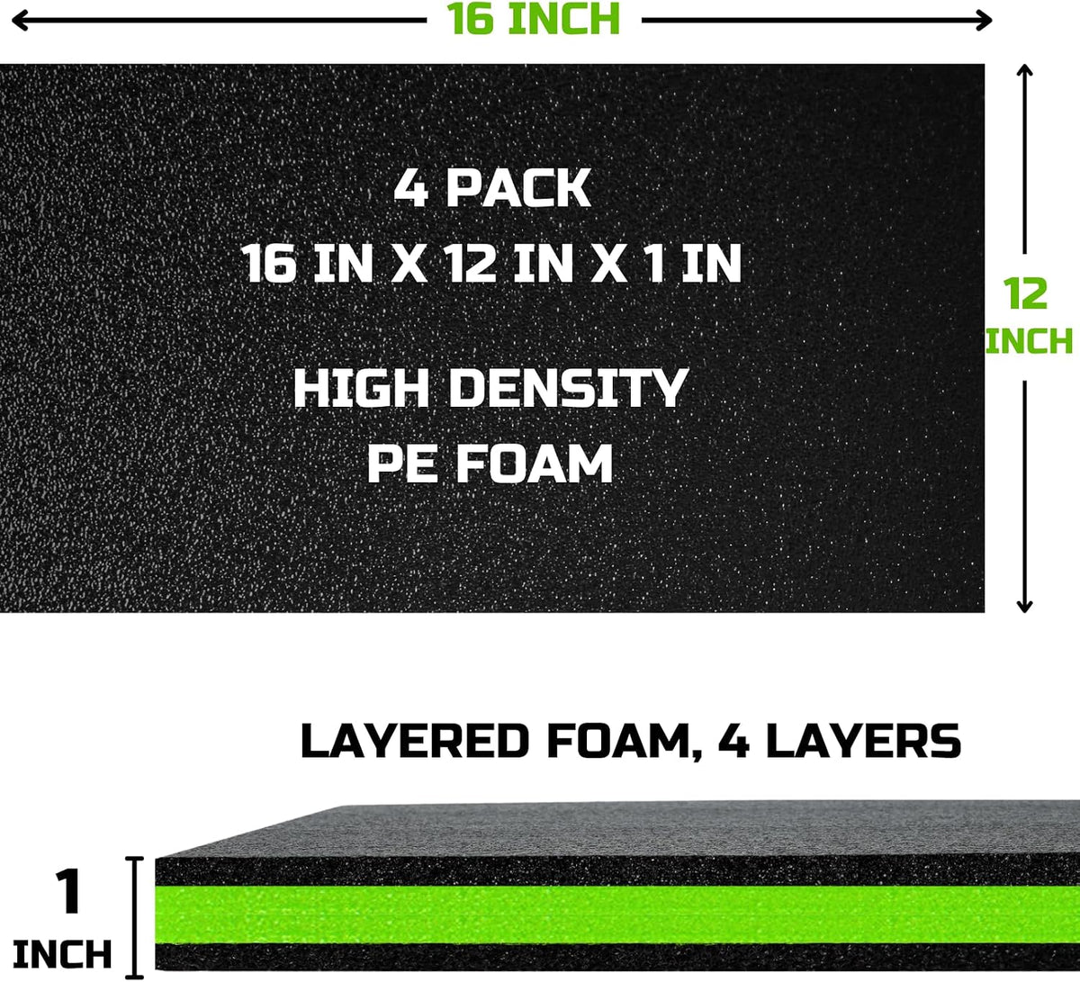 Tool Box Foam Organizer 16x12x1 inch 4 Pack, Kaizen Sheets for Pro Tool Control, Custom Tool Shadow Inserts for Cases & Drawers, High Density Polyethylene Foam, Black with Green